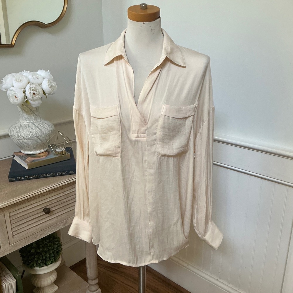 Free People Cream Oversized V-Neck Tunic Blouse Long Sleeve Pockets Small